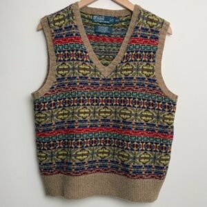 Polo Ralph Lauren Fair Isle Wool Sweater Vest V-Neck Multi-Color Size S